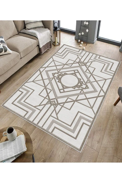 Makinede Yıkanabilir Leke Tutmaz  Vizon Deko Deri Kaymaz Taban Lobohemart Salon Saçaksız Halı B1202  VİZON 80 x 200 - 5