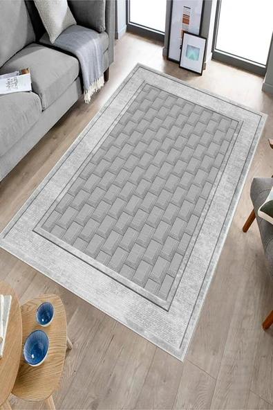 Makinede Yıkanabilir Leke Tutmaz  Gri Deko Deri Kaymaz Taban Baklava Desen Salon Halısı B1186  GRİ 200 x 300 - 3