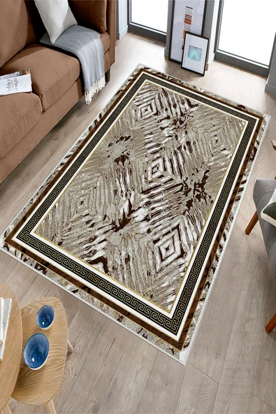 Makinede Yıkanabilir Leke Tutmaz  Kahverengi Deko Deri Kaymaz Taban Versace Salon Saçaksız Halı B1209  KAHVERENGİ 80 x 150 - 3