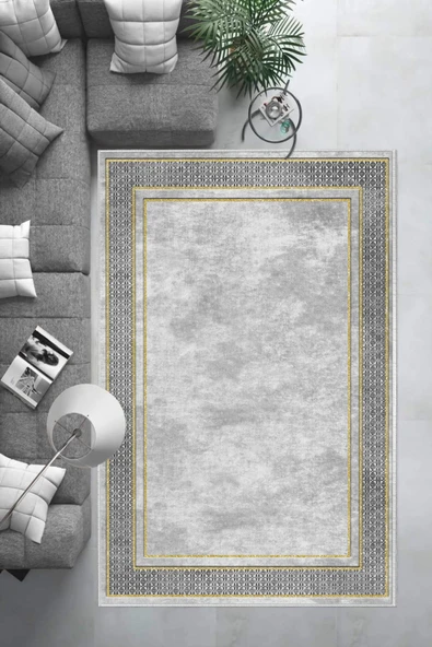 Makinede Yıkanabilir Leke Tutmaz  Gri-Gold Deko Deri Kaymaz Taban Salon-Yolluk Halısı B1183  GRİ-GOLD 80 x 300 - 7