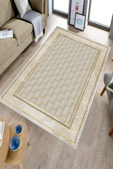 Makinede Yıkanabilir Leke Tutmaz  Krem-Gold Deko Deri Kaymaz Taban Baklava Desen Salon Saçaksız Halı B1185  KREM-GOLD 80 x 200 - 3