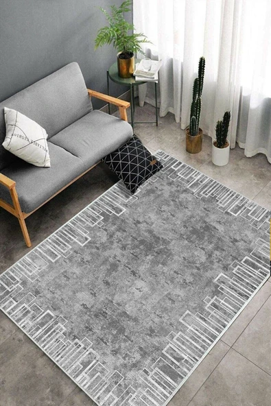 Makinede Yıkanabilir Leke Tutmaz  Gri Deko Deri Kaymaz Taban Shaggy Salon Saçaksız Halı B1194  GRİ 100 x 300 - 4