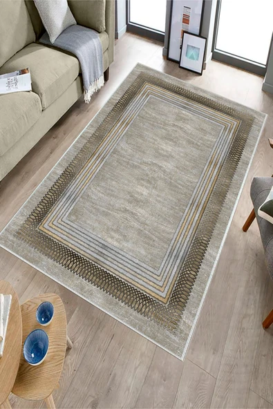 Makinede Yıkanabilir Leke Tutmaz  Multi Deko Deri Kaymaz Taban Çerçeve Salon Saçaksız Halı B1171  MULTİ 100 x 300 - 3
