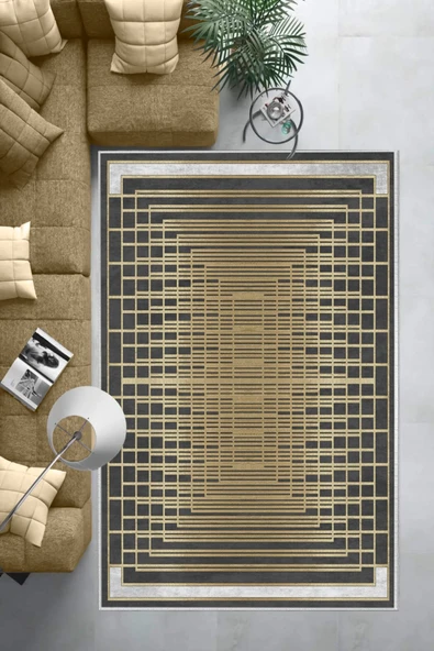 Makinede Yıkanabilir Leke Tutmaz  Gold-Siyah Deko Deri Kaymaz Taban Çerçeve Salon Saçaksız Halı B1174  GOLD-SİYAH 100 x 300 - 6