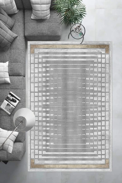 Makinede Yıkanabilir Leke Tutmaz  Gümüş Pvc Deri Kaymaz Taban Çerçeve Salon Saçaksız Halı B1172  GÜMÜŞ 100 x 200