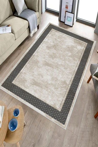 Makinede Yıkanabilir Leke Tutmaz  Krem-Siyah Deko Deri Kaymaz Taban Salon-Yolluk Saçaksız Halı B1179  KREM-SİYAH 200 x 300 - Resim 3