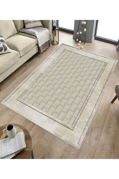 Makinede Yıkanabilir Leke Tutmaz  Krem Deko Deri Kaymaz Taban Baklava Desen Salon Saçaksız Halı B1184  KREM 100 x 300 - Resim 5
