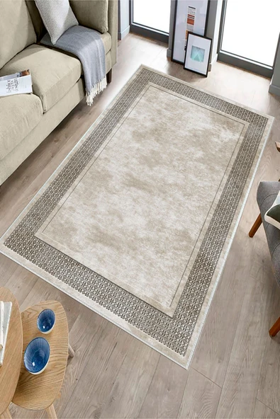 Makinede Yıkanabilir Leke Tutmaz  Krem Deko Deri Kaymaz Taban Salon-Yolluk Saçaksız Halı B1178  KREM 80 x 300 - Resim 3