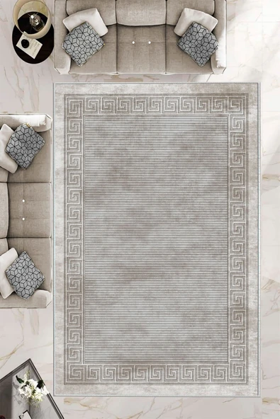 Makinede Yıkanabilir Leke Tutmaz  Bej Pvc Deri Kaymaz Taban Versace Çizgi Salon Saçaksız Halı B1199  BEJ 160 x 230
