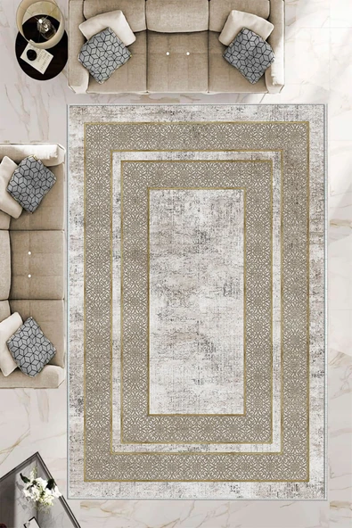 Makinede Yıkanabilir Leke Tutmaz  Vizon-Krem Deko Deri Kaymaz Taban Modern Salon Saçaksız Halı B1175  VİZON-KREM 80 x 200