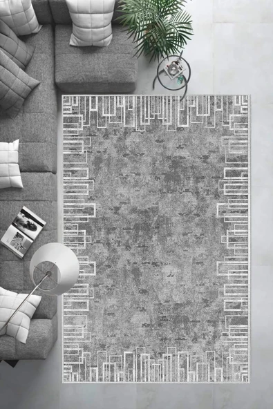 Makinede Yıkanabilir Leke Tutmaz  Gri Deko Deri Kaymaz Taban Shaggy Salon Saçaksız Halı B1194  GRİ 100 x 300 - 6