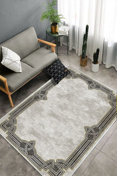 Makinede Yıkanabilir Leke Tutmaz  Bej-Gold Deko Deri Kaymaz Taban Çerçeve Salon Saçaksız Halı B1188  BEJ-GOLD 100 x 300 - 4