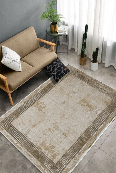 Makinede Yıkanabilir Leke Tutmaz  Kahverengi Dot Keçe Kaymaz Taban Vintage Versace Salon Saçaksız Halı B1197  KAHVERENGİ 80 x 200 - Resim 4