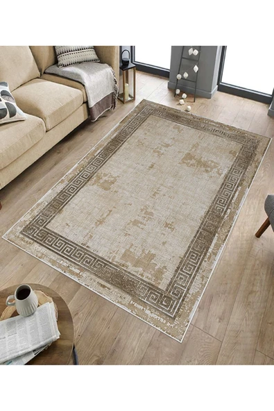 Makinede Yıkanabilir Leke Tutmaz  Kahverengi Dot Keçe Kaymaz Taban Vintage Versace Salon Saçaksız Halı B1197  KAHVERENGİ 80 x 200 - Resim 5