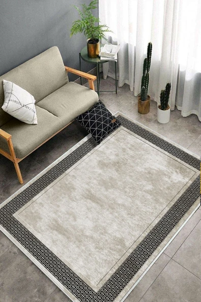 Makinede Yıkanabilir Leke Tutmaz  Krem-Siyah Deko Deri Kaymaz Taban Salon-Yolluk Saçaksız Halı B1179  KREM-SİYAH 100 x 300 - Resim 4
