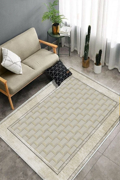 Makinede Yıkanabilir Leke Tutmaz  Krem Deko Deri Kaymaz Taban Baklava Desen Salon Saçaksız Halı B1184  KREM 160 x 230 - 4
