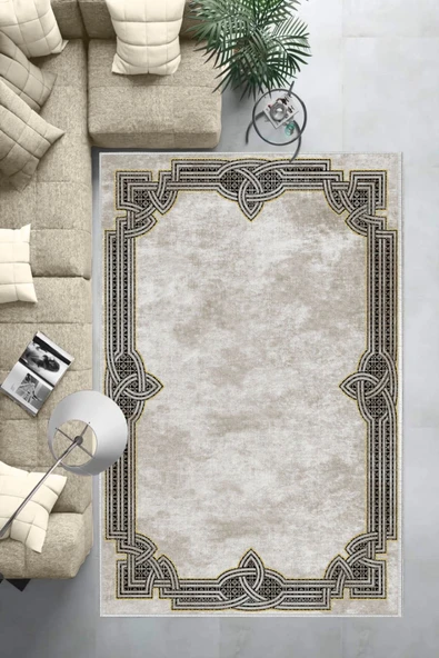 Makinede Yıkanabilir Leke Tutmaz  Bej-Gold Pvc Deri Kaymaz Taban Çerçeve Salon Saçaksız Halı B1188  BEJ-GOLD 120 x 180 - 6