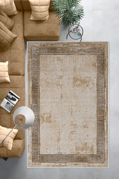 Makinede Yıkanabilir Leke Tutmaz  Kahverengi Dot Keçe Kaymaz Taban Vintage Versace Salon Saçaksız Halı B1197  KAHVERENGİ 100 x 300 - Resim 6