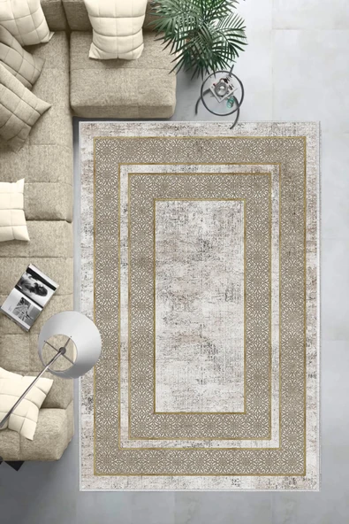 Makinede Yıkanabilir Leke Tutmaz  Vizon-Krem Deko Deri Kaymaz Taban Modern Salon Saçaksız Halı B1175  VİZON-KREM 80 x 200 - 6