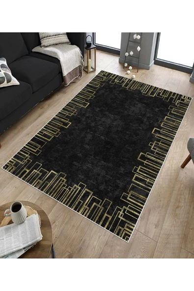 Makinede Yıkanabilir Leke Tutmaz  Siyah Pvc Deri Kaymaz Taban Shaggy Salon Saçaksız Halı B1195  SİYAH 160 x 230 - 5