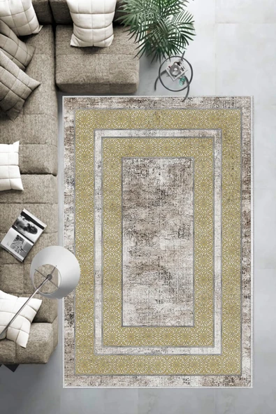 Makinede Yıkanabilir Leke Tutmaz  Gold-Krem Deko Deri Kaymaz Taban Modern Salon Halısı B1177  GOLD-KREM 120 x 180 - 6