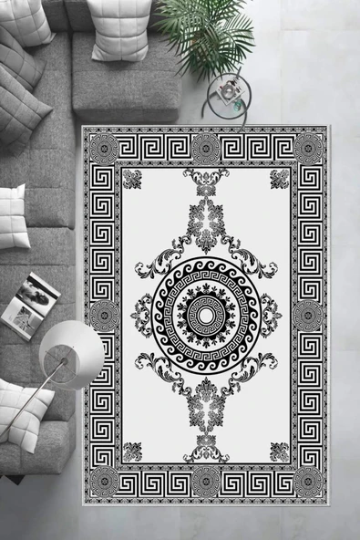 Makinede Yıkanabilir Leke Tutmaz  Beyaz-Siyah Deko Deri Kaymaz Taban Göbekli Salon Saçaksız Halı B1190  BEYAZ 160 x 230 - 6