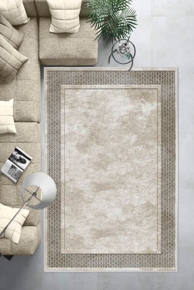 Makinede Yıkanabilir Leke Tutmaz  Krem Deko Deri Kaymaz Taban Salon-Yolluk Saçaksız Halı B1178  KREM 80 x 150 - Resim 6