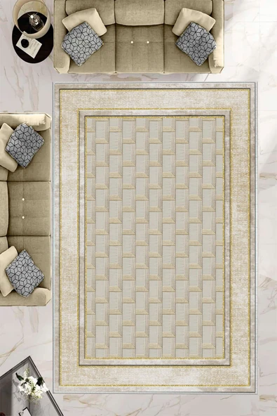 Makinede Yıkanabilir Leke Tutmaz  Krem-Gold Deko Deri Kaymaz Taban Baklava Desen Salon Saçaksız Halı B1185  KREM-GOLD 80 x 300