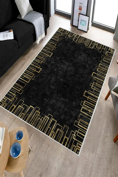 Makinede Yıkanabilir Leke Tutmaz  Siyah Pvc Deri Kaymaz Taban Shaggy Salon Saçaksız Halı B1195  SİYAH 160 x 230 - 3
