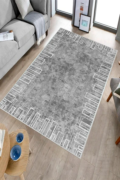 Makinede Yıkanabilir Leke Tutmaz  Gri Deko Deri Kaymaz Taban Shaggy Salon Saçaksız Halı B1194  GRİ 100 x 300 - 3