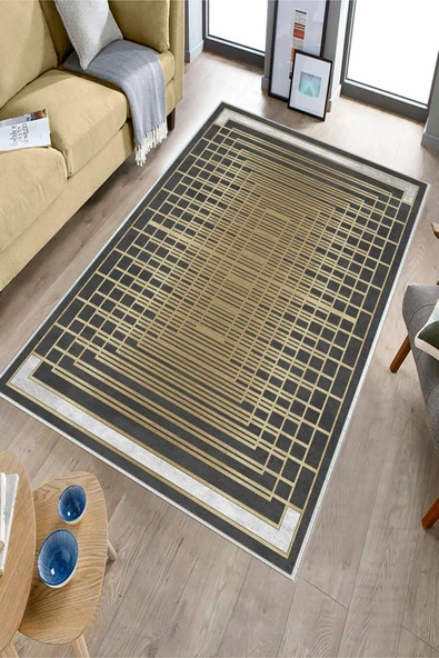 Makinede Yıkanabilir Leke Tutmaz  Gold-Siyah Deko Deri Kaymaz Taban Çerçeve Salon Saçaksız Halı B1174  GOLD-SİYAH 100 x 300 - 3
