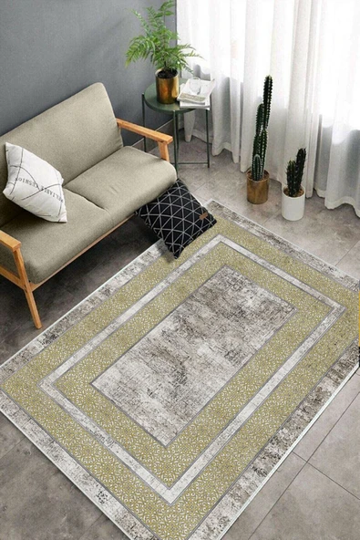 Makinede Yıkanabilir Leke Tutmaz  Gold-Krem Deko Deri Kaymaz Taban Modern Salon Halısı B1177  GOLD-KREM 120 x 180 - 4