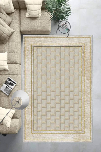 Makinede Yıkanabilir Leke Tutmaz  Krem-Gold Deko Deri Kaymaz Taban Baklava Desen Salon Saçaksız Halı B1185  KREM-GOLD 160 x 230 - 6