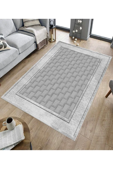 Makinede Yıkanabilir Leke Tutmaz  Gri Deko Deri Kaymaz Taban Baklava Desen Salon Halısı B1186  GRİ 200 x 300 - 5