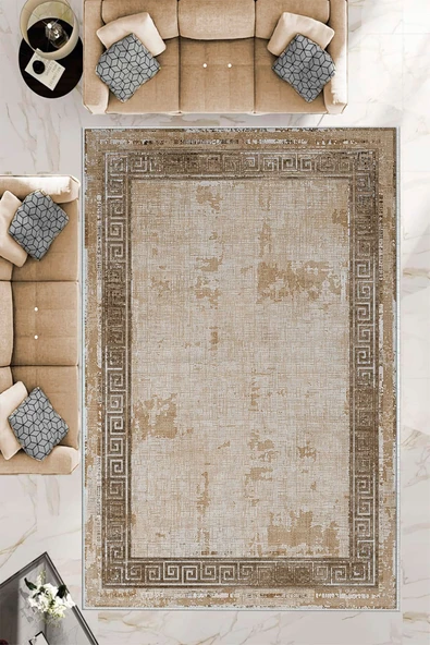 Makinede Yıkanabilir Leke Tutmaz  Kahverengi Dot Keçe Kaymaz Taban Vintage Versace Salon Saçaksız Halı B1197  KAHVERENGİ 80 x 200