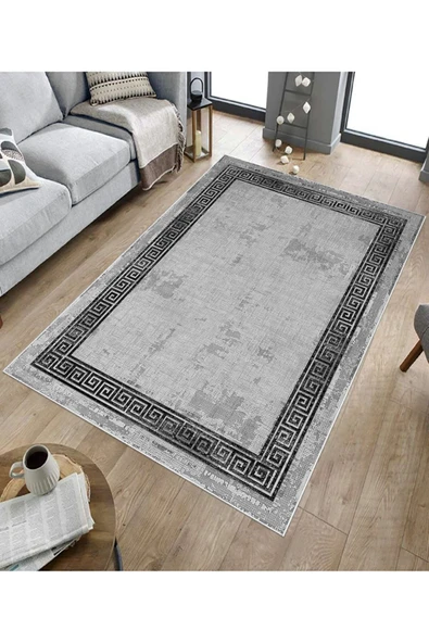 Makinede Yıkanabilir Leke Tutmaz  Gri Deko Deri Kaymaz Taban Vintage Versace Salon Saçaksız Halı B1198  100 x 200 GRİ - Resim 5