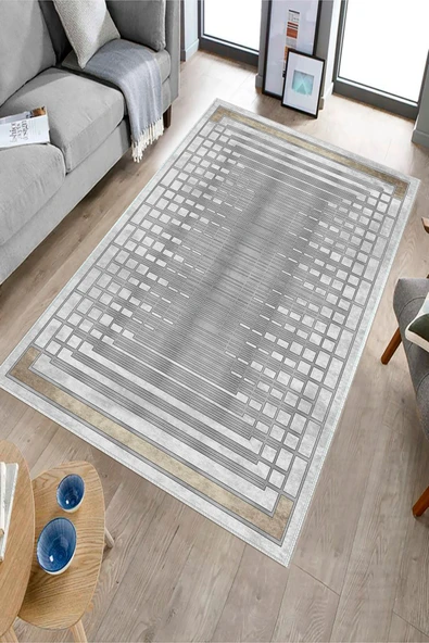 Makinede Yıkanabilir Leke Tutmaz  Gümüş Deko Deri Kaymaz Taban Çerçeve Salon Saçaksız Halı B1172  GÜMÜŞ 100 x 200 - 3