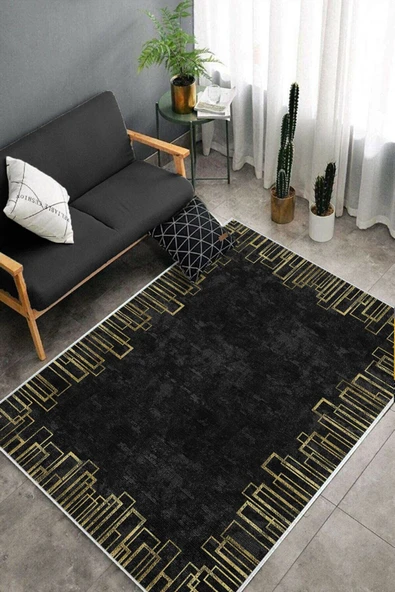 Makinede Yıkanabilir Leke Tutmaz  Siyah Deko Deri Kaymaz Taban Shaggy Salon Saçaksız Halı B1195  SİYAH 180 x 280 - Resim 4