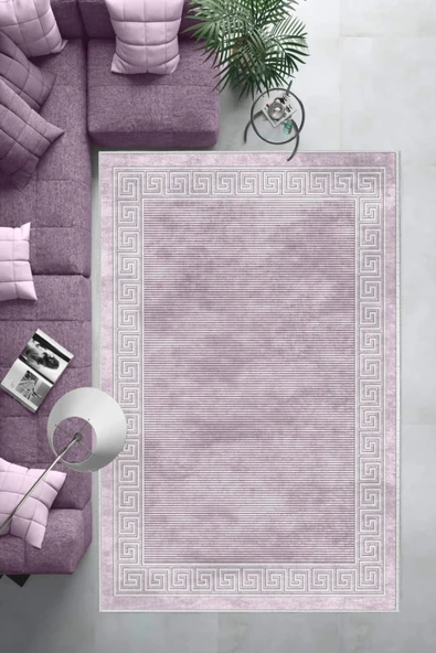Makinede Yıkanabilir Leke Tutmaz  Lila Deko Deri Kaymaz Taban Versace Çizgi Salon Saçaksız Halı B1200  180 x 280 LİLA - Resim 6