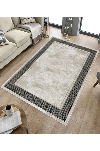 Makinede Yıkanabilir Leke Tutmaz  Krem-Siyah Deko Deri Kaymaz Taban Salon-Yolluk Saçaksız Halı B1179  KREM-SİYAH 80 x 300 - 5