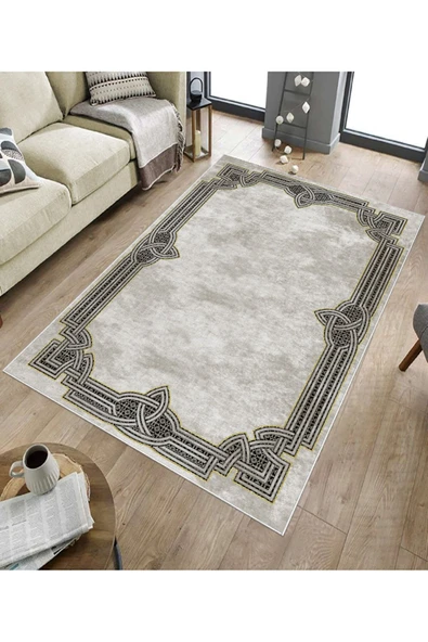 Makinede Yıkanabilir Leke Tutmaz  Bej-Gold Deko Deri Kaymaz Taban Çerçeve Salon Saçaksız Halı B1188  BEJ-GOLD 100 x 300 - 5