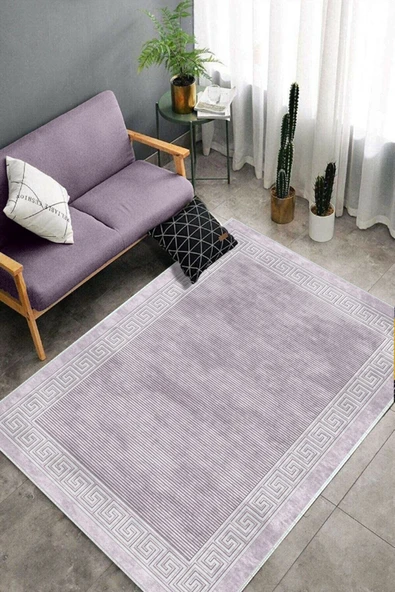 Makinede Yıkanabilir Leke Tutmaz  Lila Deko Deri Kaymaz Taban Versace Çizgi Salon Saçaksız Halı B1200  100 x 300 LİLA - Resim 4