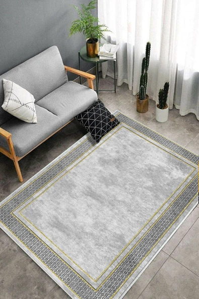 Makinede Yıkanabilir Leke Tutmaz  Gri-Gold Deko Deri Kaymaz Taban Salon-Yolluk Halısı B1183  GRİ-GOLD 80 x 300 - 5
