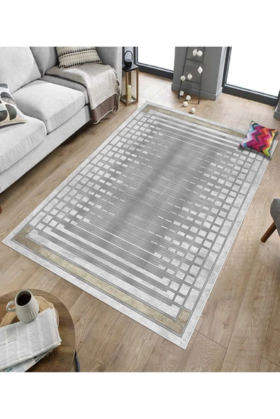 Makinede Yıkanabilir Leke Tutmaz  Gümüş Deko Deri Kaymaz Taban Çerçeve Salon Saçaksız Halı B1172  GÜMÜŞ 100 x 200 - 6