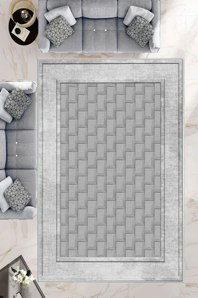 Makinede Yıkanabilir Leke Tutmaz  Gri Deko Deri Kaymaz Taban Baklava Desen Salon Halısı B1186  GRİ 80 x 150