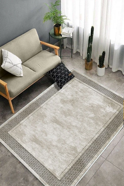 Makinede Yıkanabilir Leke Tutmaz  Krem Deko Deri Kaymaz Taban Salon-Yolluk Saçaksız Halı B1178  KREM 200 x 300 - Resim 4