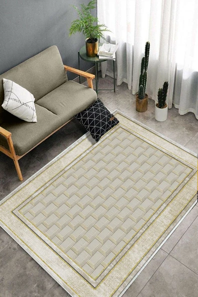 Makinede Yıkanabilir Leke Tutmaz  Krem-Gold Deko Deri Kaymaz Taban Baklava Desen Salon Saçaksız Halı B1185  KREM-GOLD 80 x 200 - 4