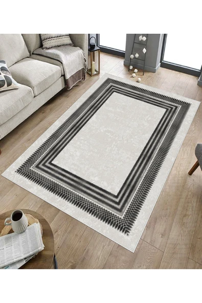 Makinede Yıkanabilir Leke Tutmaz  Krem-Antrasit Deko Deri Kaymaz Taban Çerçeve Salon Saçaksız Halı B1170  KREM-ANTRASİT 80 x 200 - 5
