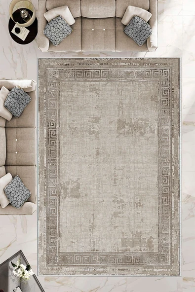 Makinede Yıkanabilir Leke Tutmaz  Bej-Vizon Deko Deri Kaymaz Taban Vintage Salon Saçaksız Halı B1196  BEJ-VİZON 80 x 300
