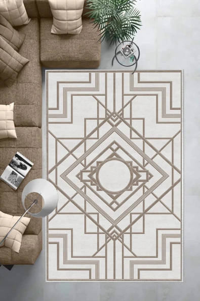 Makinede Yıkanabilir Leke Tutmaz  Vizon Deko Deri Kaymaz Taban Lobohemart Salon Saçaksız Halı B1202  VİZON 80 x 200 - 6